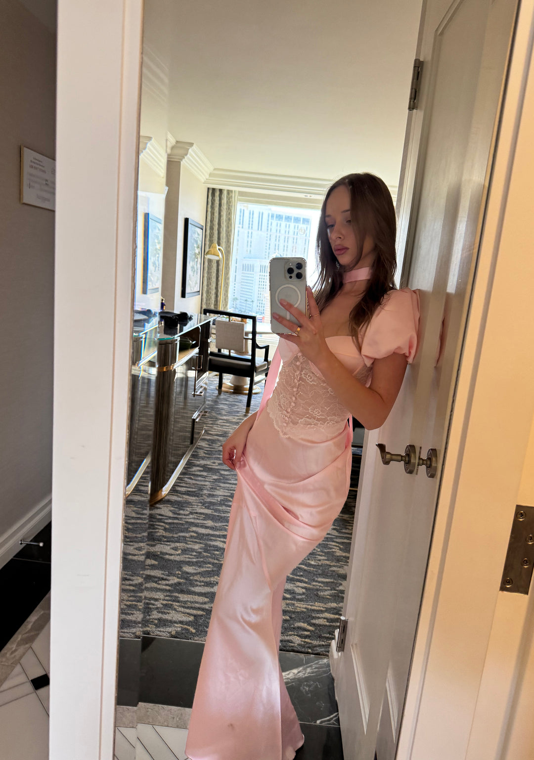 Womens Prom Special Occasion Charmeuse Lace Bow Gown Maxi Dress - Pink - Image 9