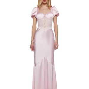 Womens Prom Special Occasion Charmeuse Lace Bow Gown Maxi Dress - Pink