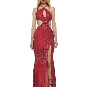 Womens Prom Special Occasion Leopard Animal Print Cut Out Maxi Dress Unholy - Red