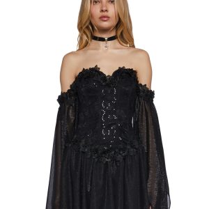 Sugar Thrillz Fairycore Cottagecore Glitter Chiffon Strapless Dress With Floral Appliques - Black