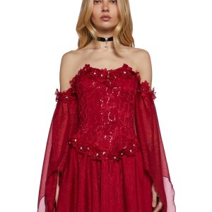 Sugar Thrillz Fairycore Cottagecore Glitter Chiffon Strapless Dress With Floral Appliques - Red