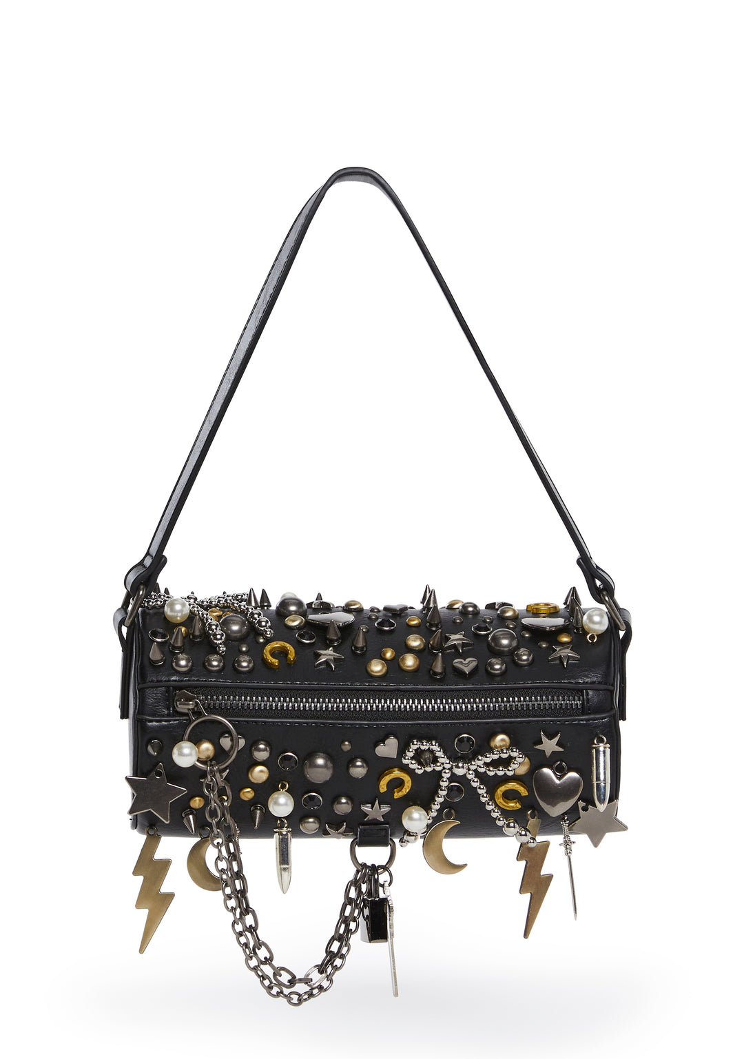 Punk Rock Multi Studded Charm Barrel Shaped Bag Current Mood - Black
