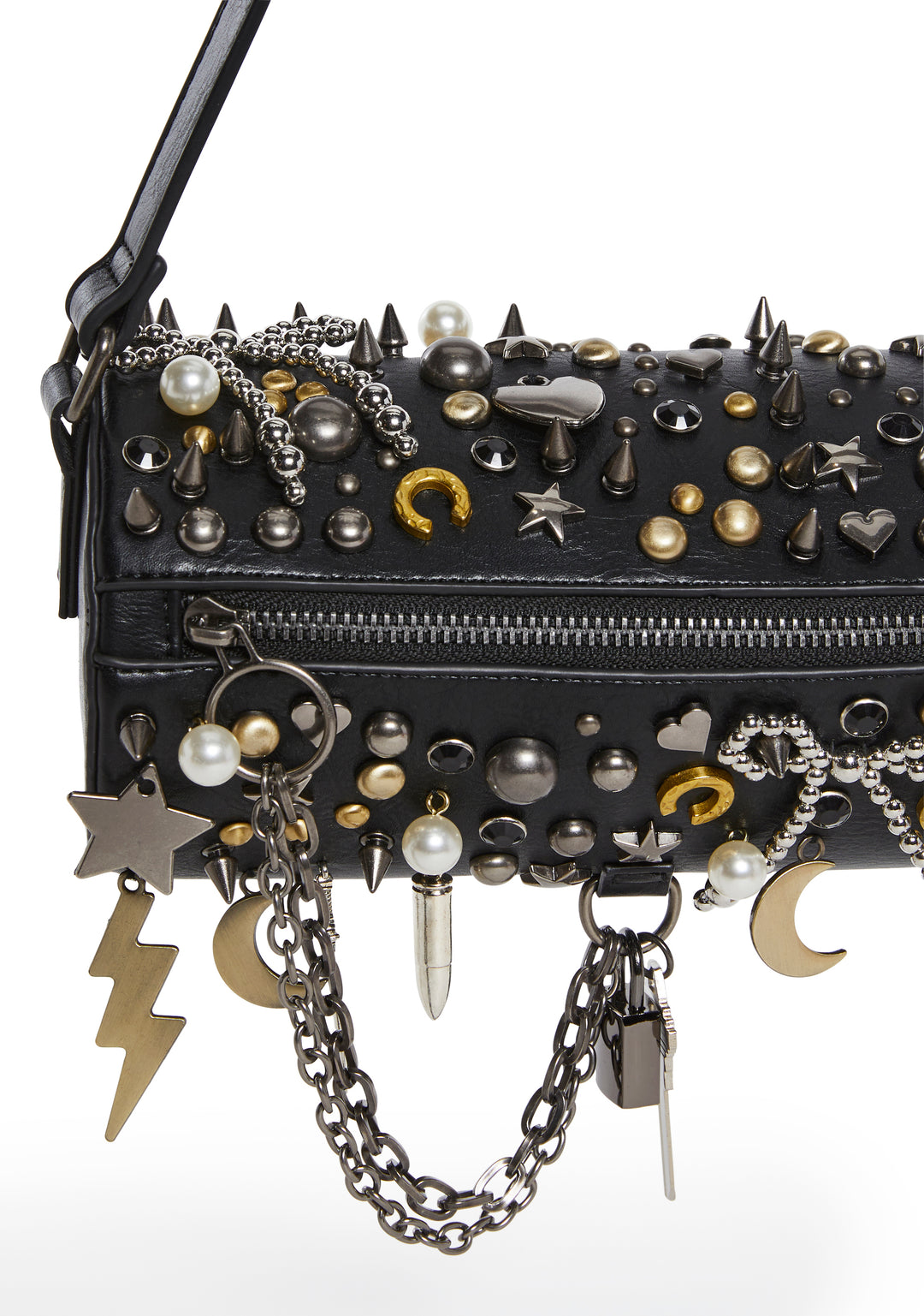 Punk Rock Multi Studded Charm Barrel Shaped Bag Current Mood - Black - Image 5