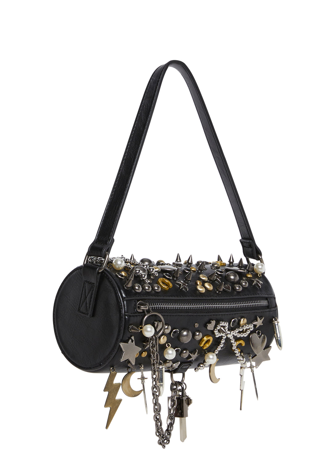Punk Rock Multi Studded Charm Barrel Shaped Bag Current Mood - Black - Image 3