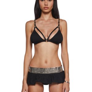 Womens Spiked Bra Top And Thong Panty Skirt Swim Set Widow - Black