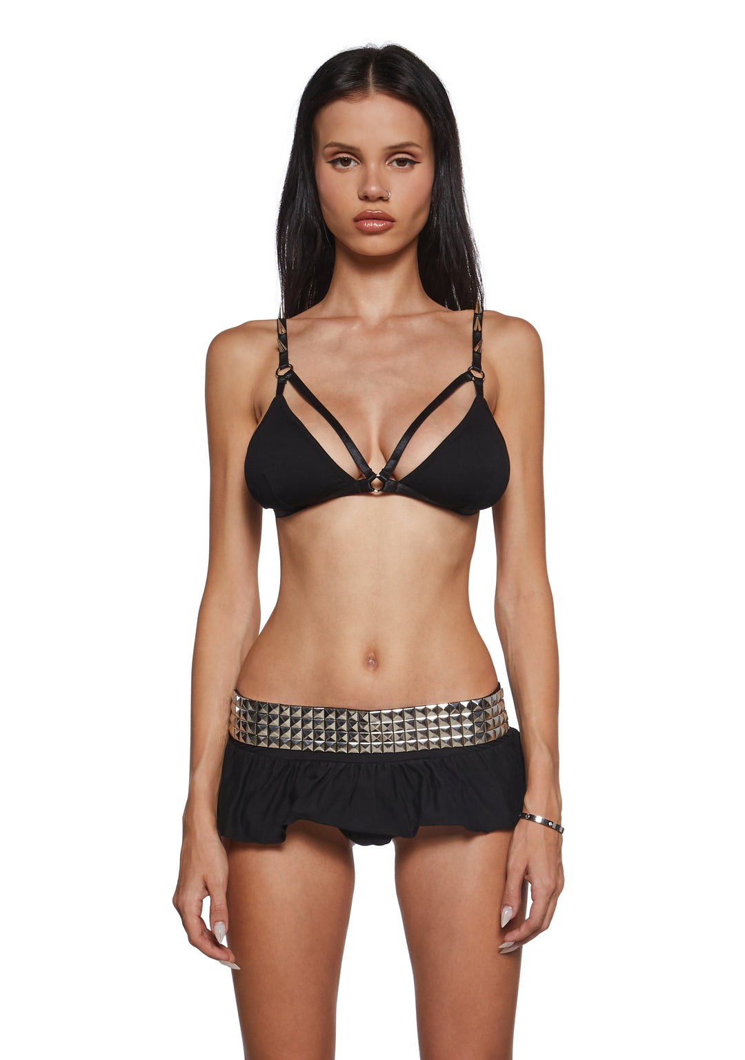 Womens Spiked Bra Top And Thong Panty Skirt Swim Set Widow - Black