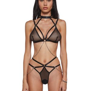 Womens Fishnet Bra And Thong Panty Set With Chains Widow - Black