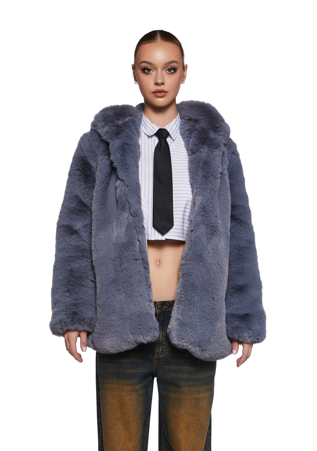 Soft Faux Fur Hooded Coat - Blue