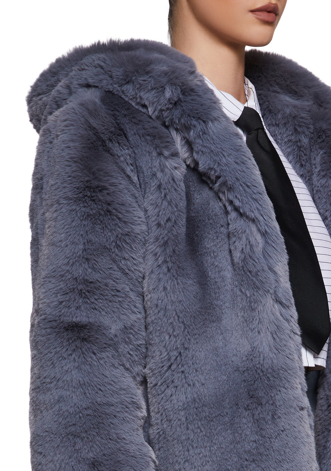 Soft Faux Fur Hooded Coat - Blue - Image 5