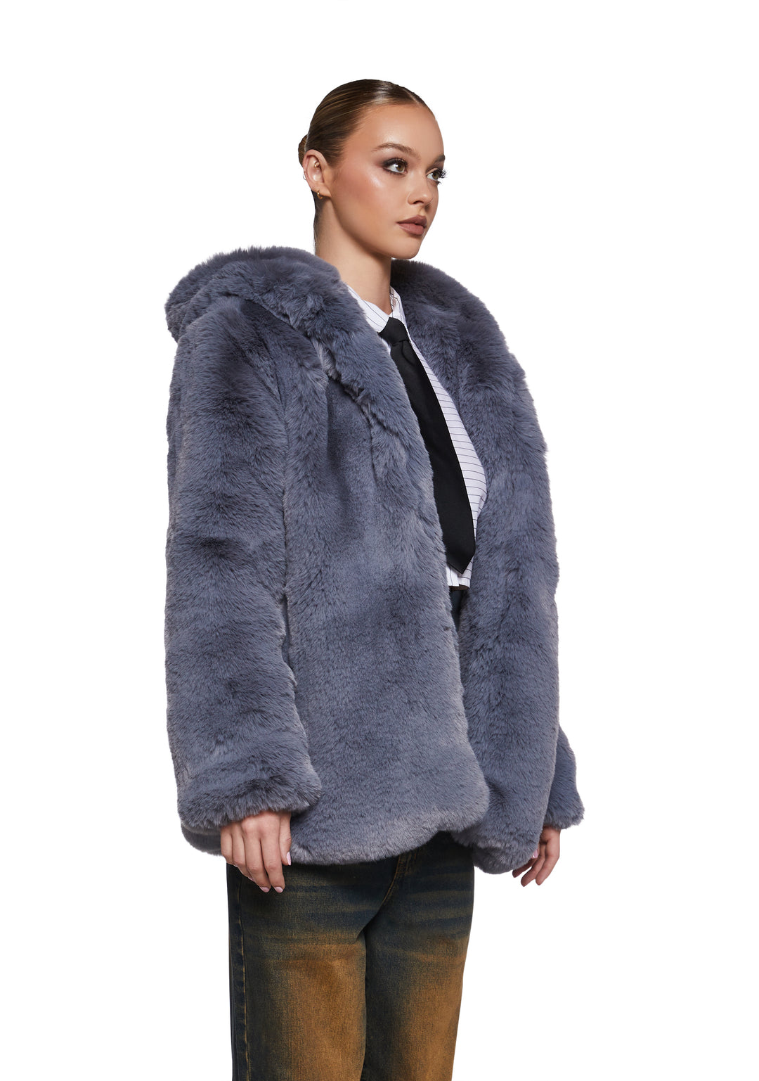 Soft Faux Fur Hooded Coat - Blue - Image 3