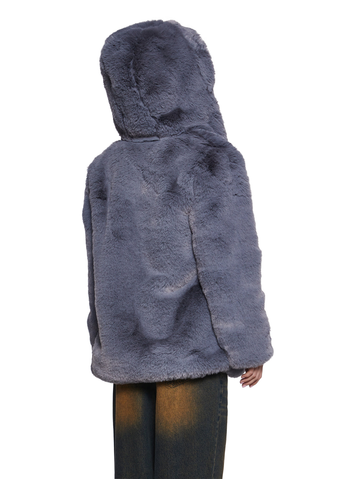 Soft Faux Fur Hooded Coat - Blue - Image 4