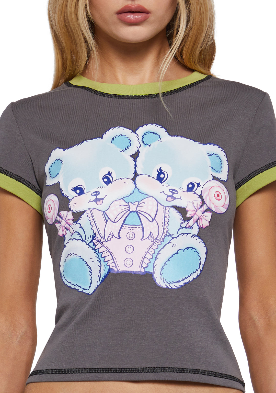 Womens Double Teddy Bear Graphics Baby Crop Tee Current Mood - Multi - Image 5