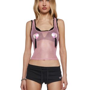 Womens Sheer Mesh Tank Crop Top With Sequin Pasties And Tassels Club Exx - Pink
