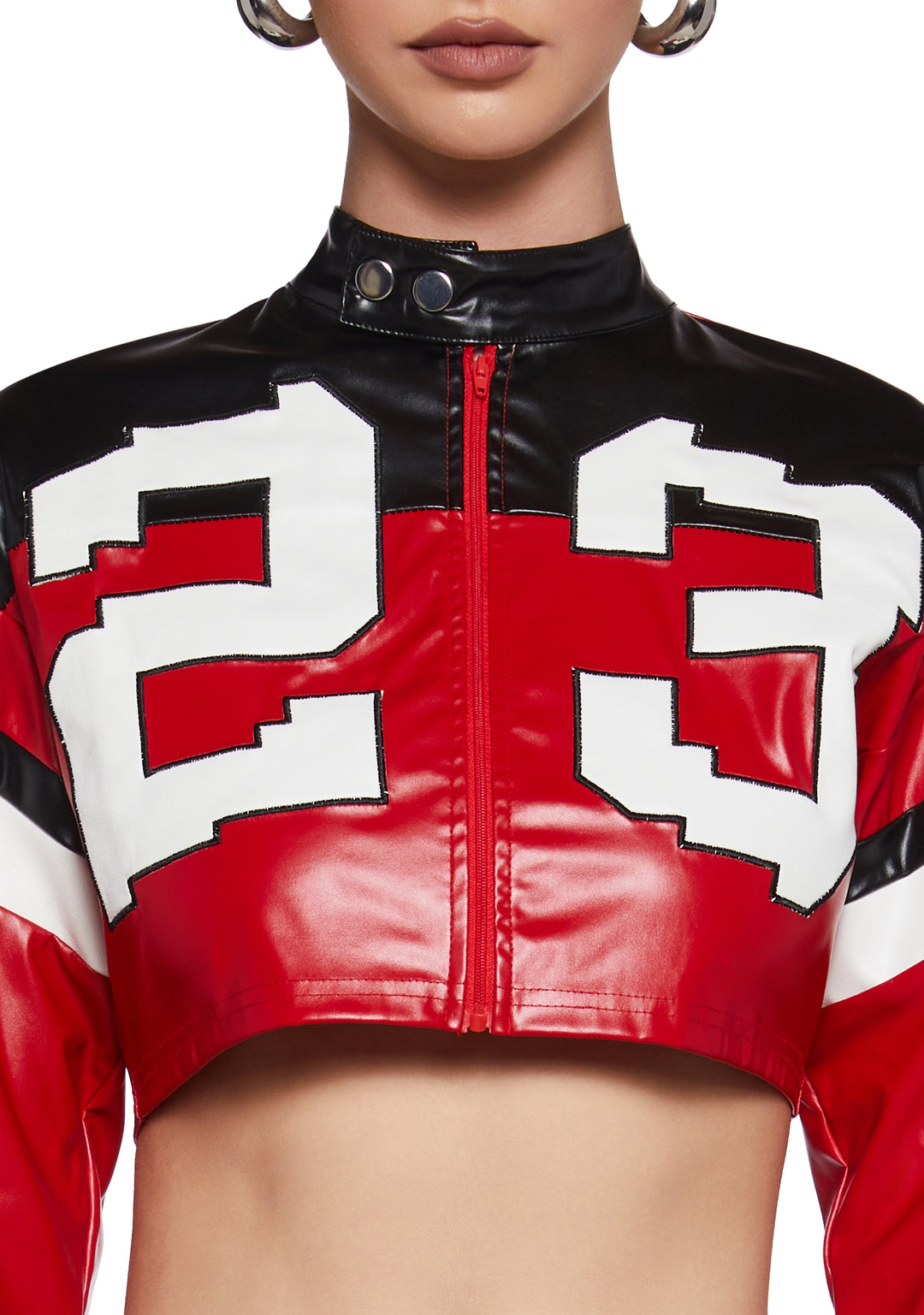 Womens Sexy Vegan Leather Moto Crop Jacket - Red/White - Image 5