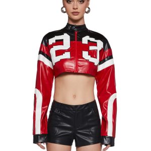 Womens Sexy Vegan Leather Moto Crop Jacket - Red/White