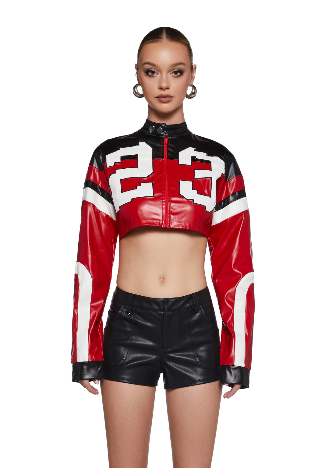 Womens Sexy Vegan Leather Moto Crop Jacket - Red/White