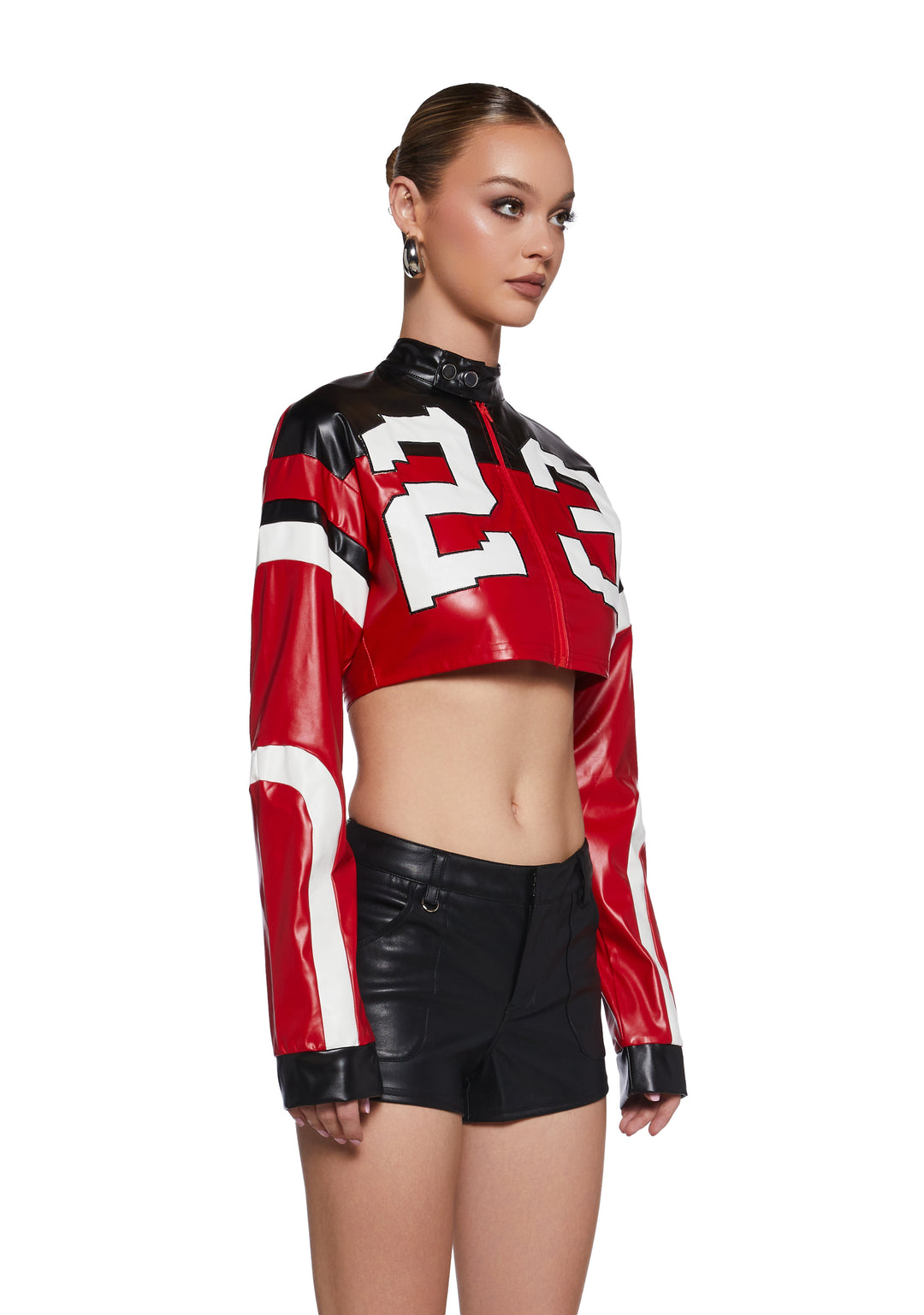 Womens Sexy Vegan Leather Moto Crop Jacket - Red/White - Image 3