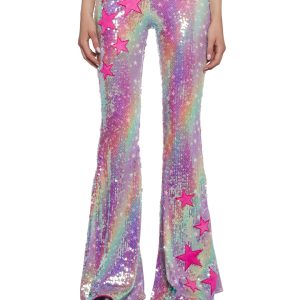 Womens Ombre Sequined Flared Pants With Fuzzy Stars Club Exx - Multi