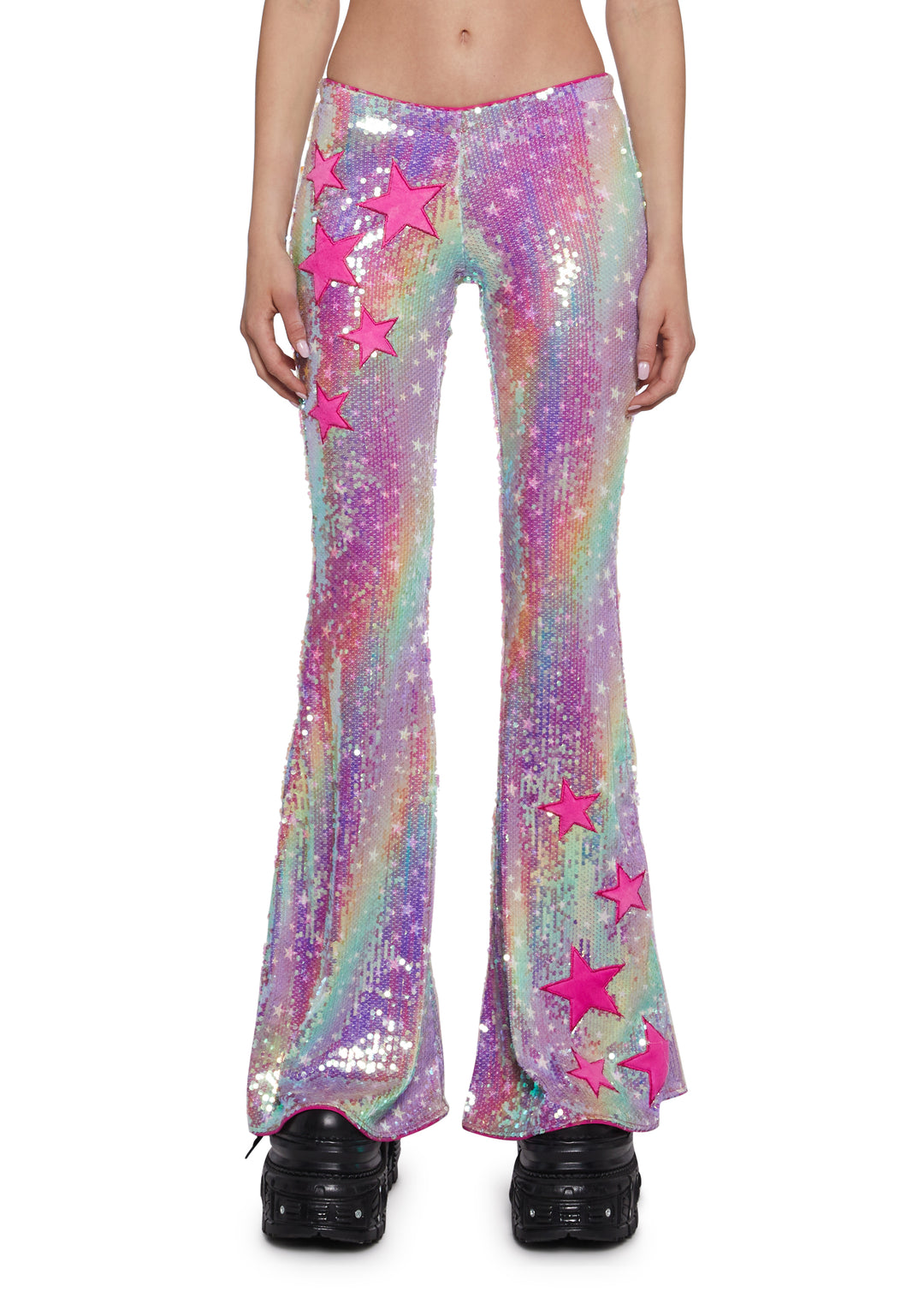 Womens Ombre Sequined Flared Pants With Fuzzy Stars Club Exx - Multi