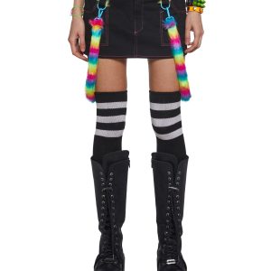 Womens Clowncore Mini Skirt With Bondage Faux Fur Straps Club Exx - Black