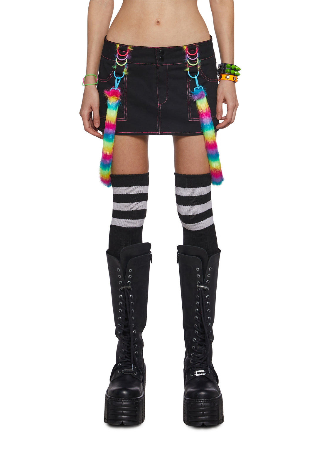 Womens Clowncore Mini Skirt With Bondage Faux Fur Straps Club Exx - Black