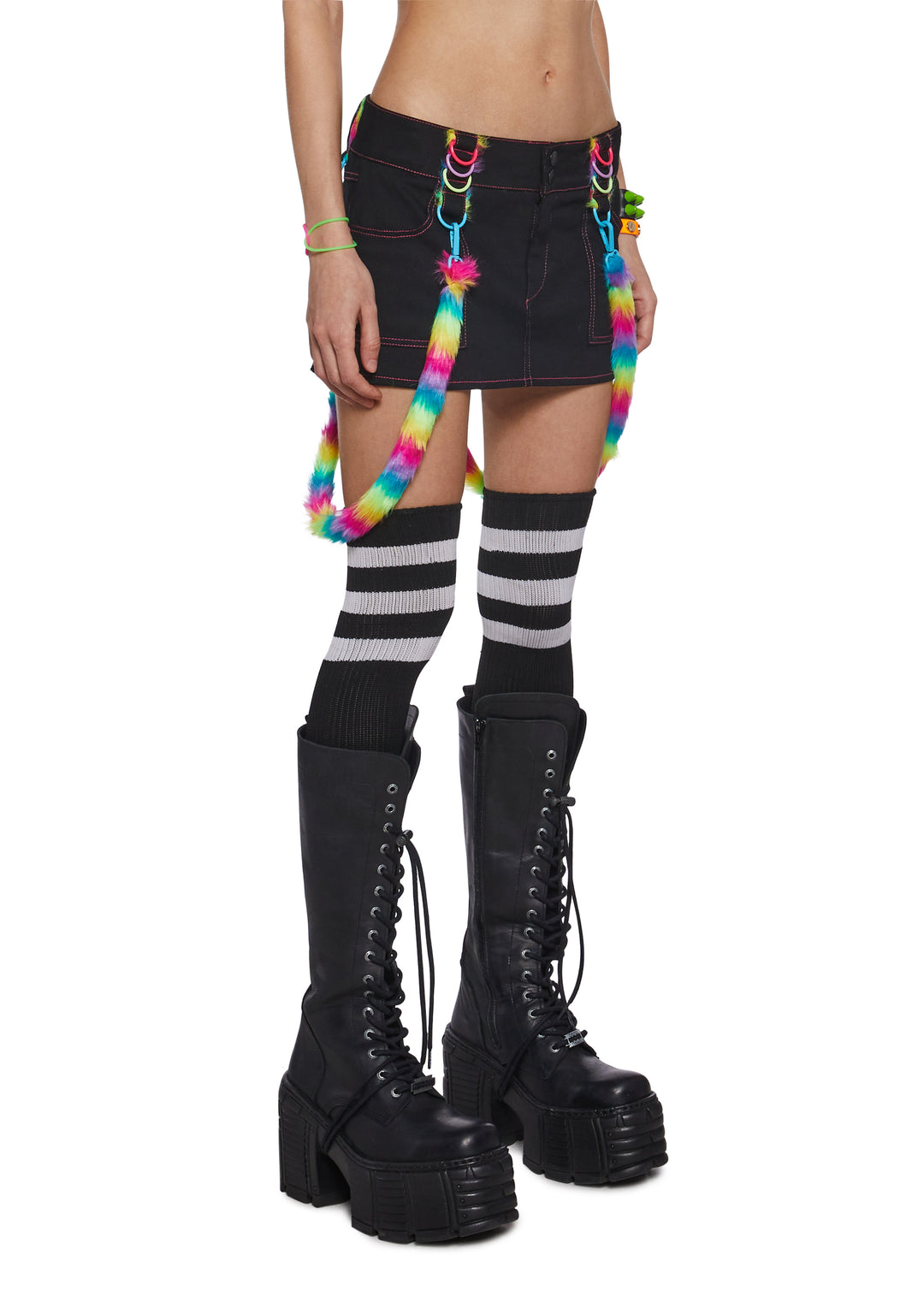 Womens Clowncore Mini Skirt With Bondage Faux Fur Straps Club Exx - Black - Image 3