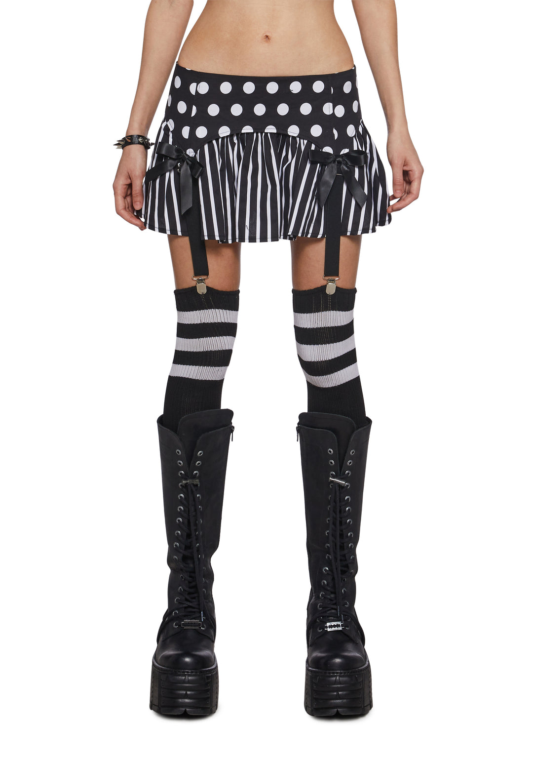 Womens Clowncore Polka Dot Striped Garter Mini Skirt - Black