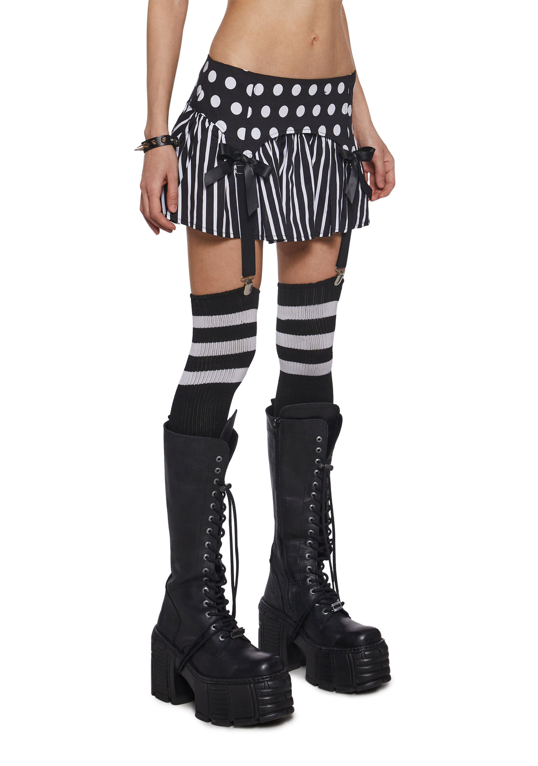 Womens Clowncore Polka Dot Striped Garter Mini Skirt - Black - Image 3