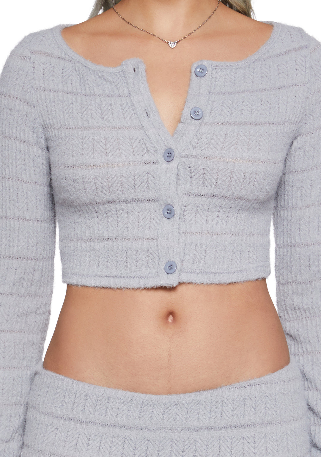 Fuzzy Knit Cropped Cardigan Skort Shorts Set - Gray - Image 5