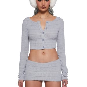 Fuzzy Knit Cropped Cardigan Skort Shorts Set - Gray