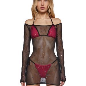 Womens Clowncore Rave Fishnet Mini Dress With Glitter Stars And Bikini Set - Black