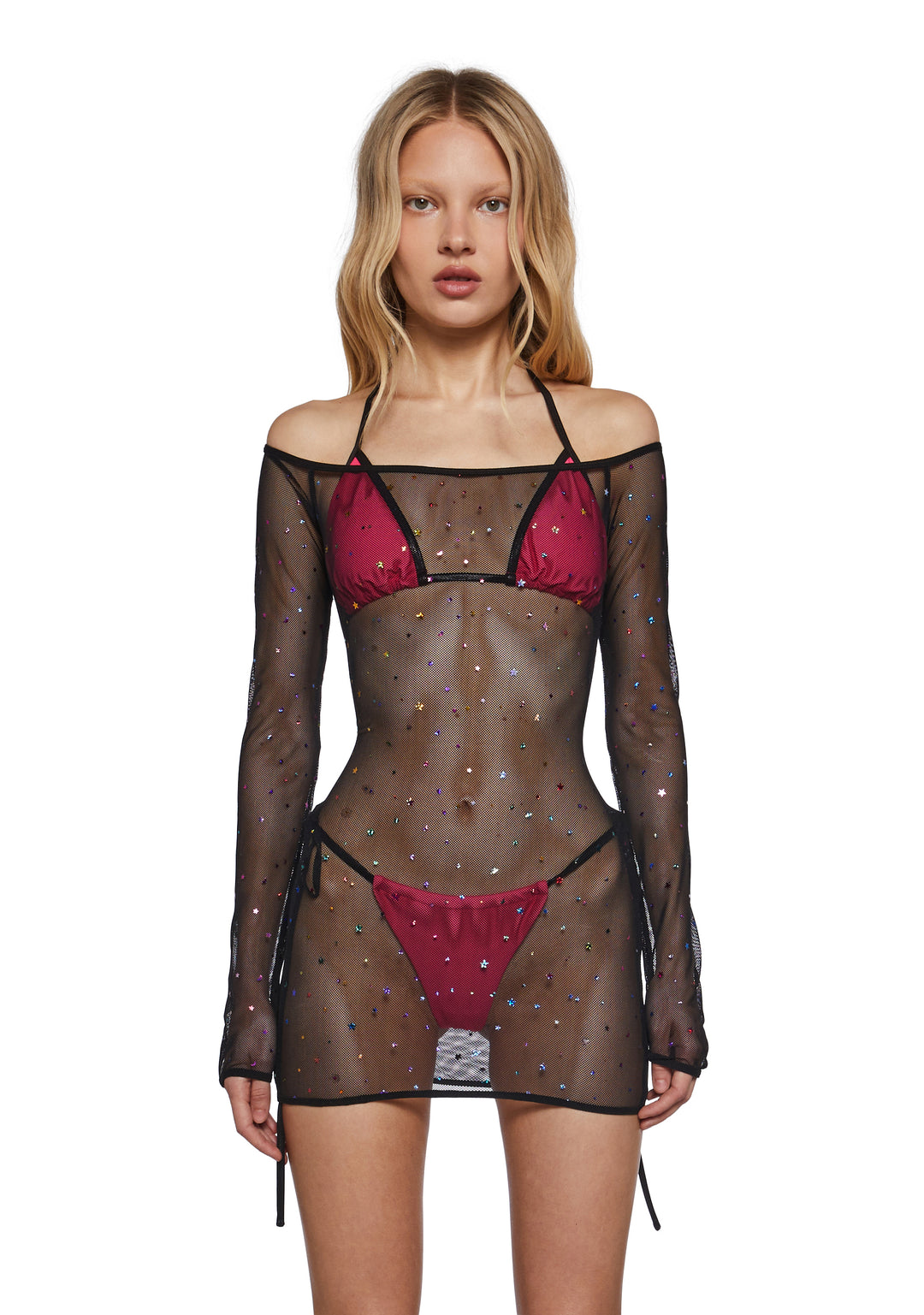 Womens Clowncore Rave Fishnet Mini Dress With Glitter Stars And Bikini Set - Black