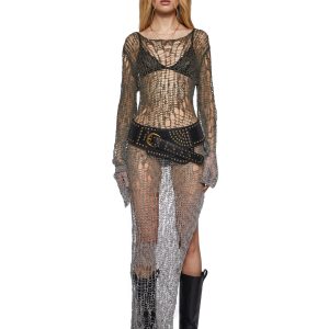 Womens Open Weave Knit Longline Sweater Current Mood - Green