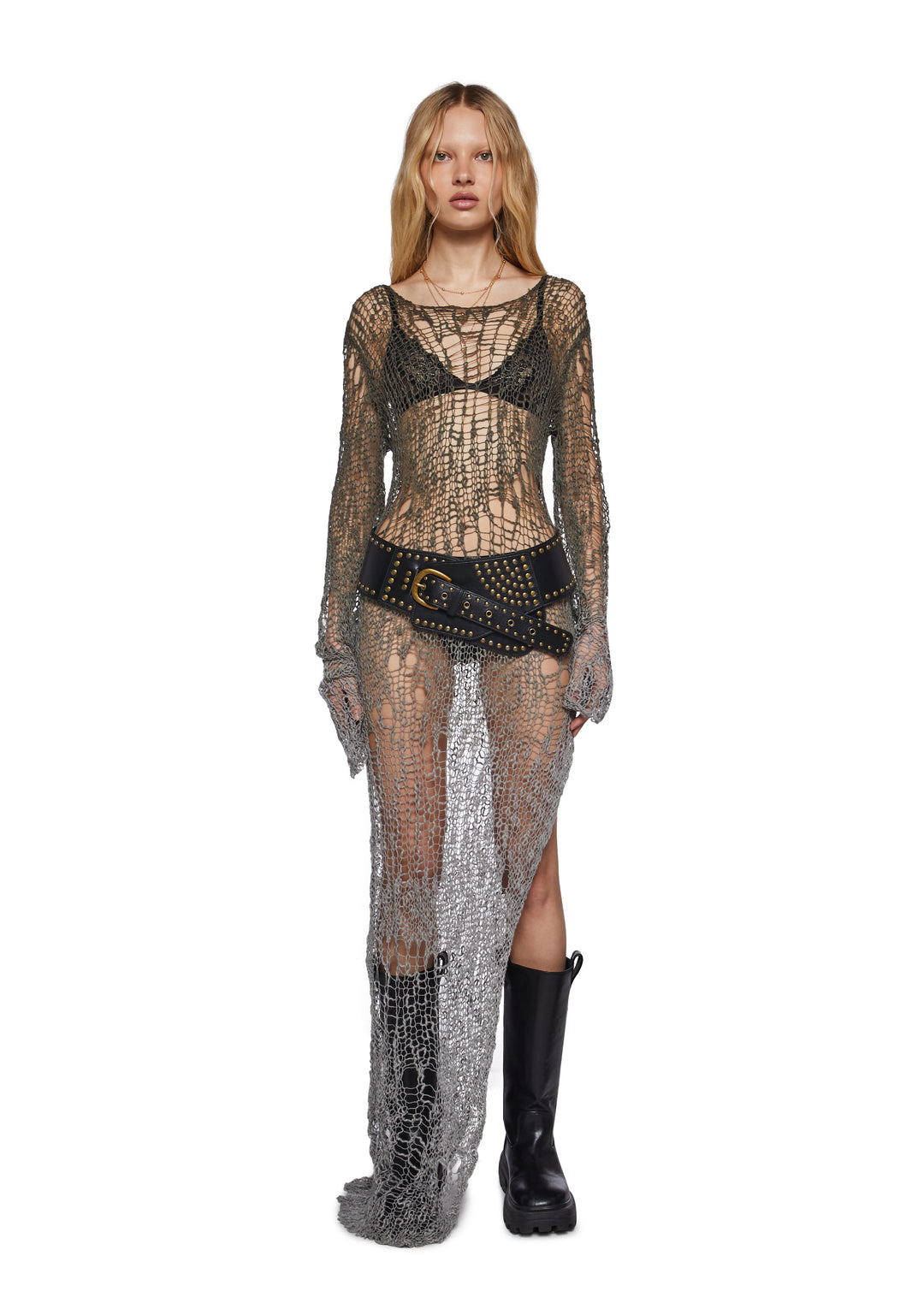 Womens Open Weave Knit Longline Sweater Current Mood - Green