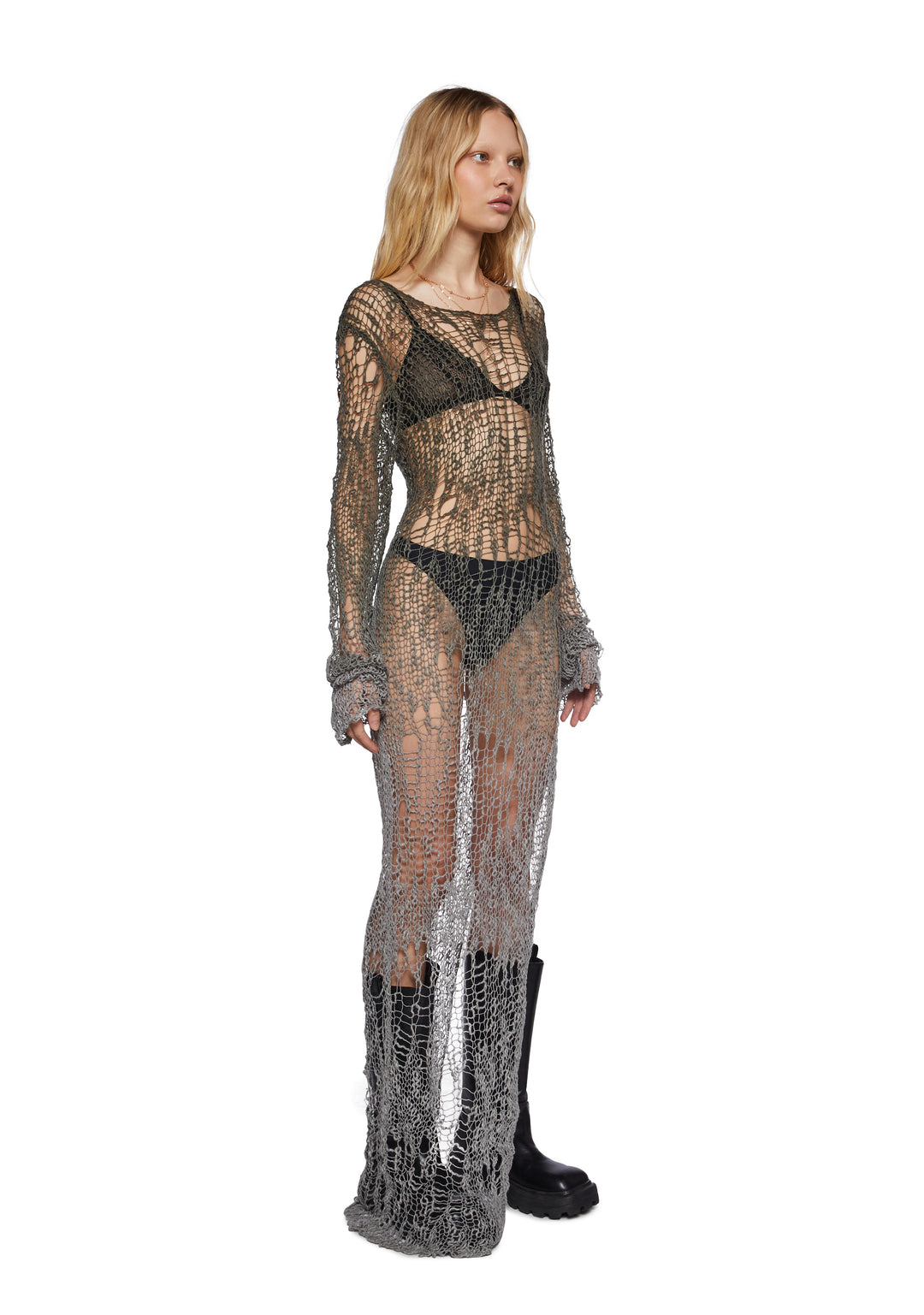 Womens Open Weave Knit Longline Sweater Current Mood - Green - Image 3