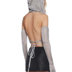 Womens Metallic Knit Backless Hoodie Top With Gloves Darker Wavs - Silver