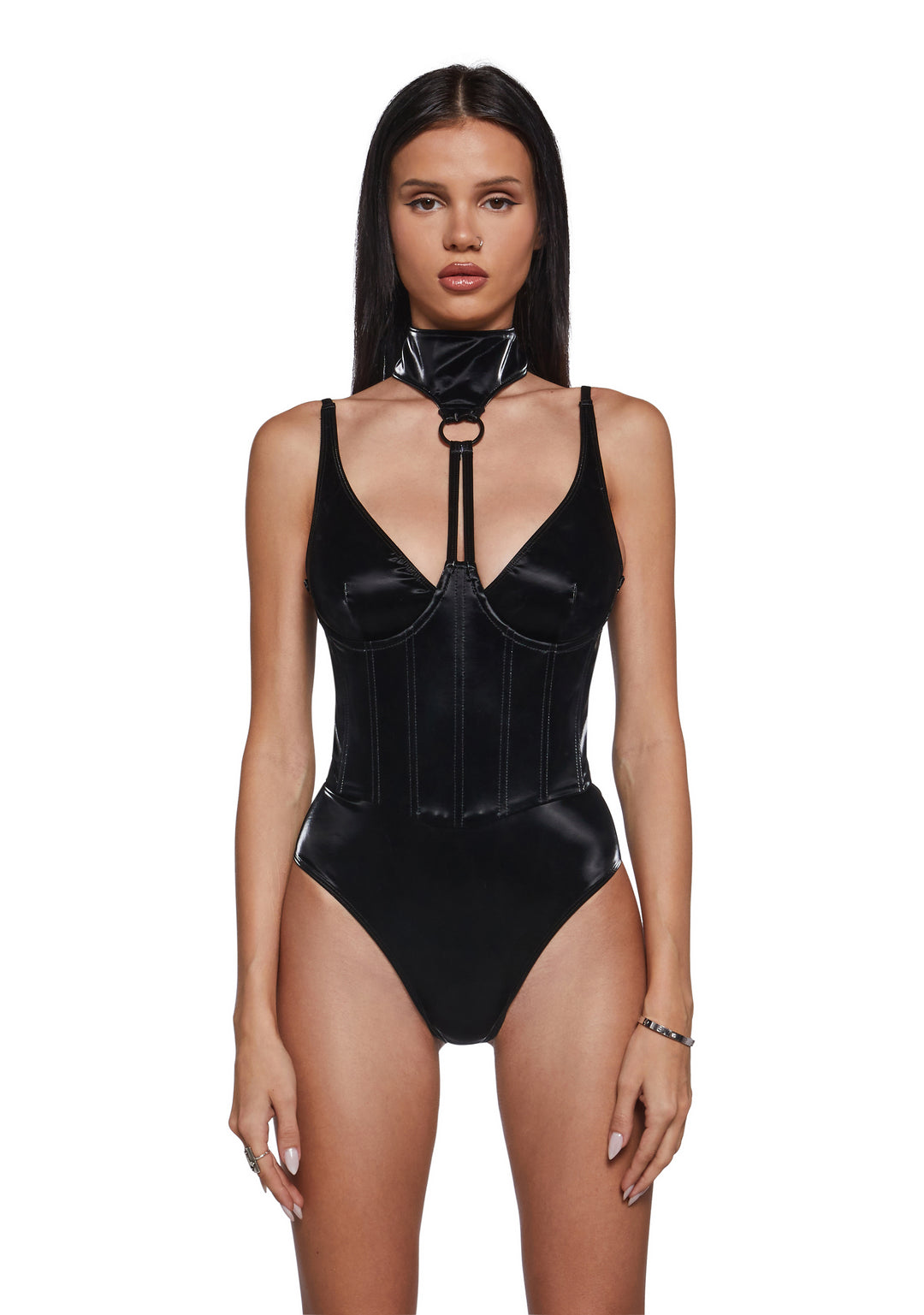 Womens Liquid Velvet Vegan Leather Bodysuit With High Collar And Structured Boning Ambient Darker Wavs - Black