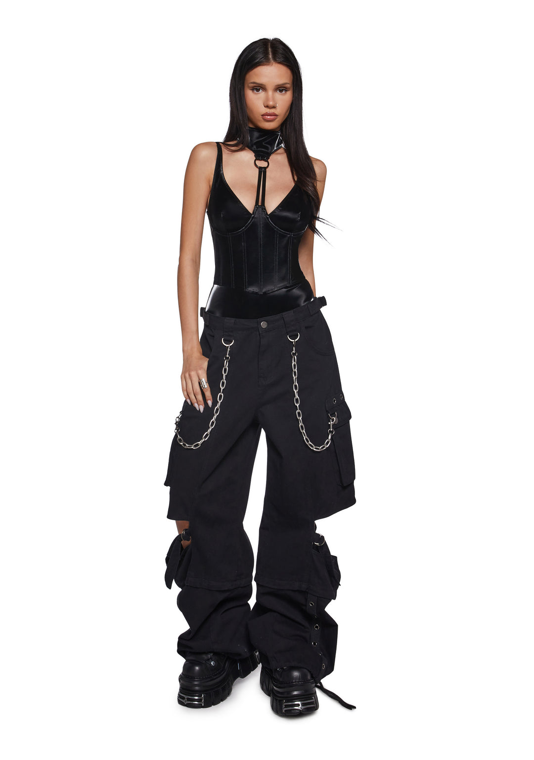 Womens Liquid Velvet Vegan Leather Bodysuit With High Collar And Structured Boning Ambient Darker Wavs - Black - Image 2