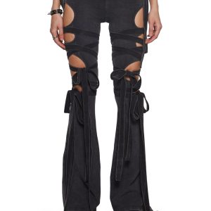 Womens Wrap Tie Cut Out Flare Cotton Pants Ambient Darker Wavs - Black