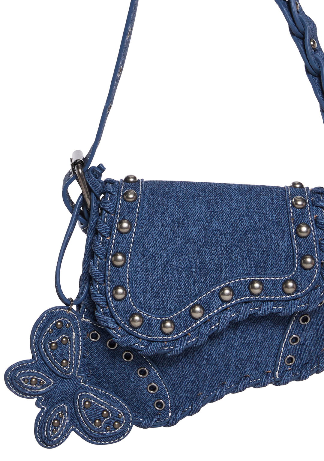 Vegan Leather Denim Mini Saddle Shoulder Bag With Butterfly Mirror - Blue - Image 5