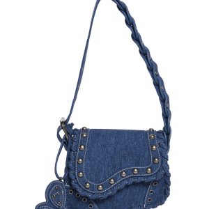 Vegan Leather Denim Mini Saddle Shoulder Bag With Butterfly Mirror - Blue