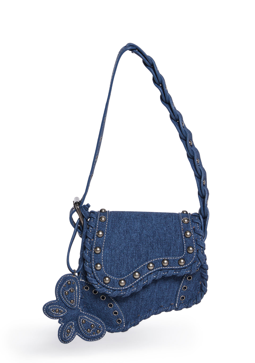 Vegan Leather Denim Mini Saddle Shoulder Bag With Butterfly Mirror - Blue