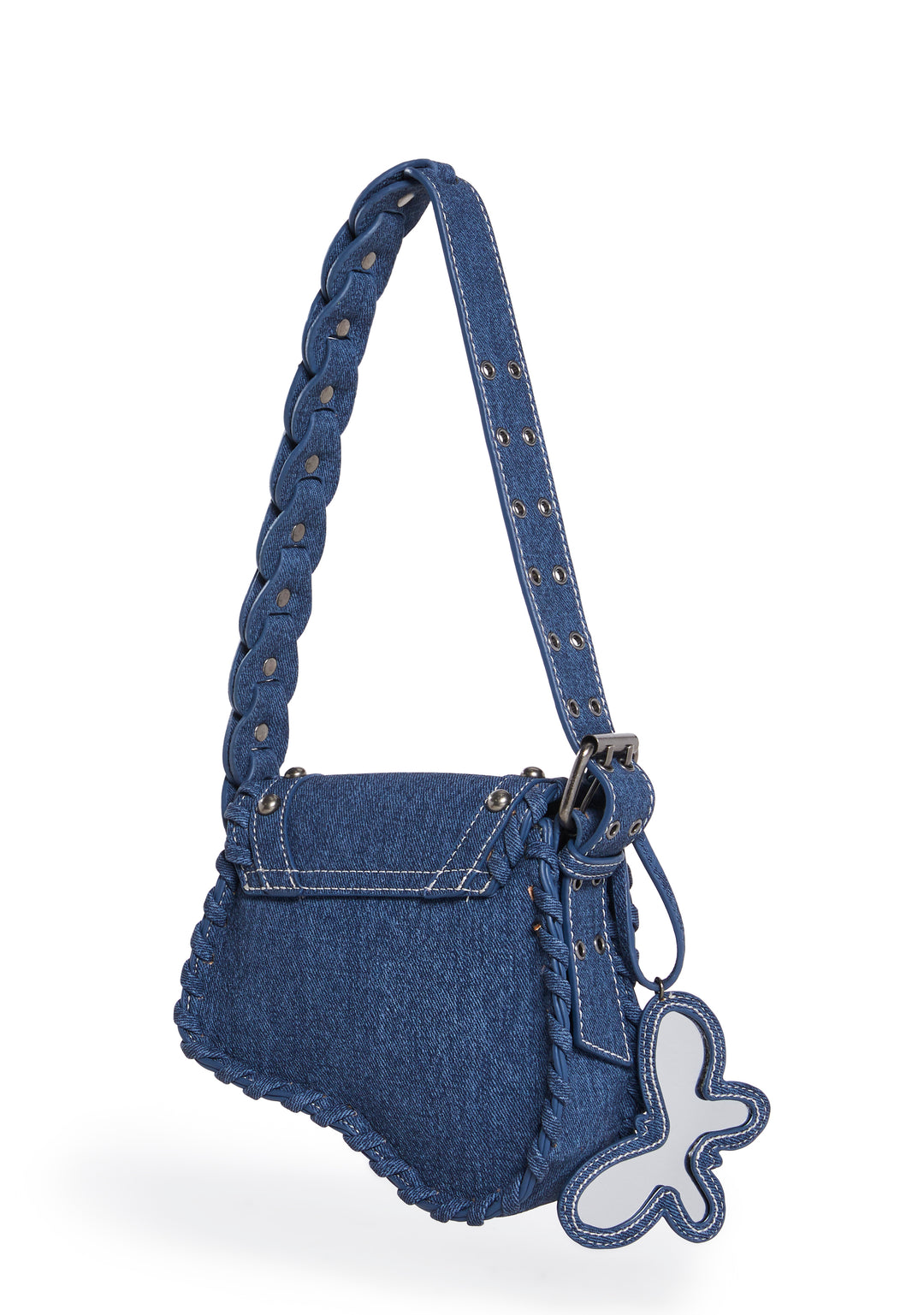 Vegan Leather Denim Mini Saddle Shoulder Bag With Butterfly Mirror - Blue - Image 4