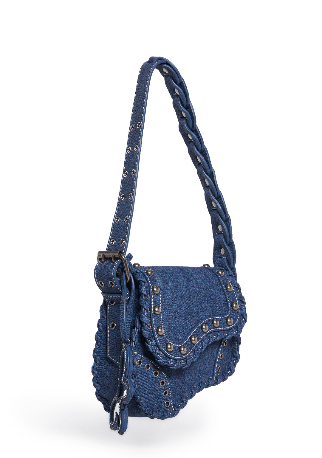 Vegan Leather Denim Mini Saddle Shoulder Bag With Butterfly Mirror - Blue - Image 3