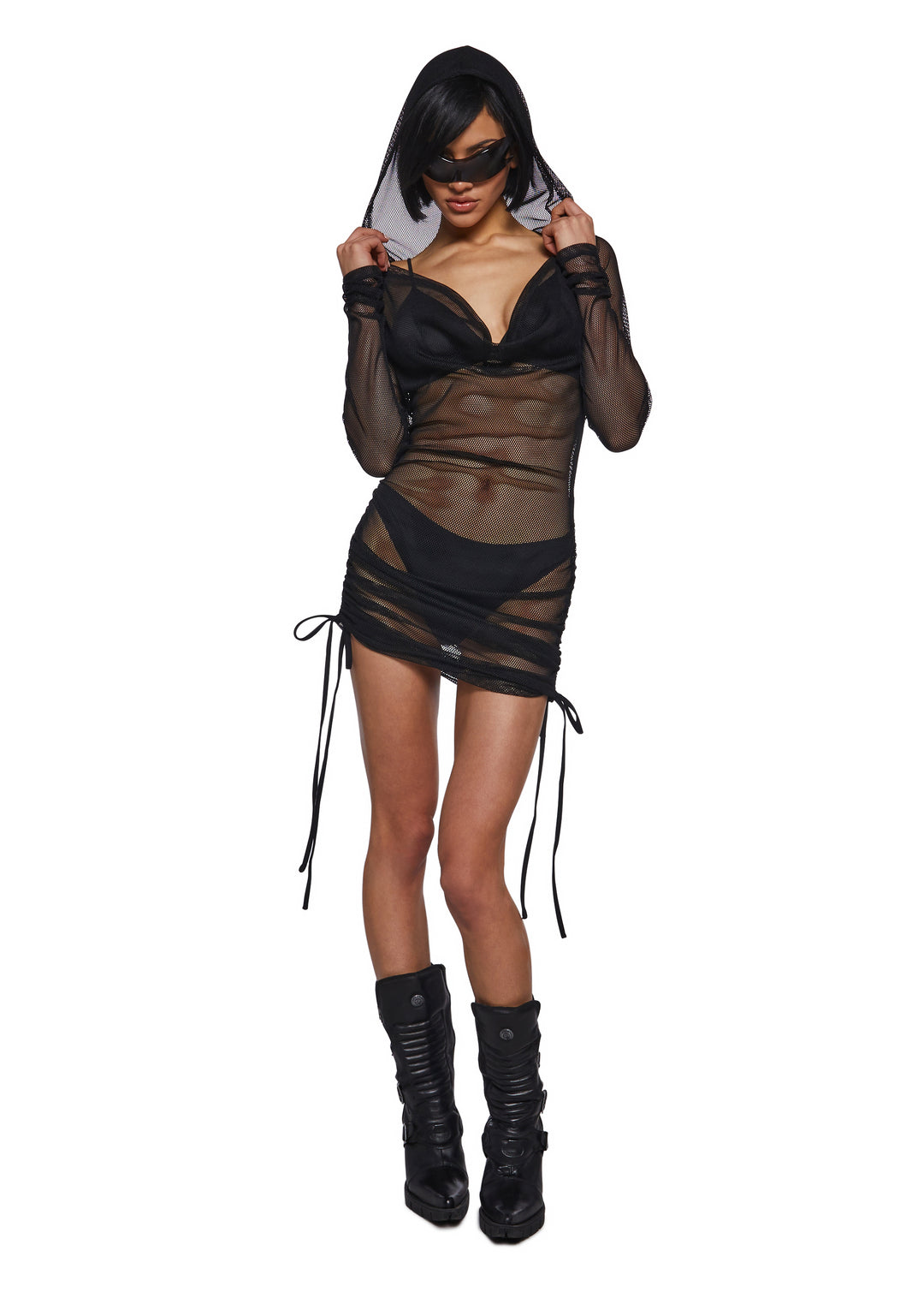 Womens Sheer Fishnet Mini Dress With Ruching Ambient Darker Wavs - Black - Image 7