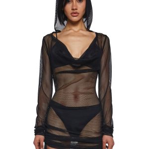 Womens Sheer Fishnet Mini Dress With Ruching Ambient Darker Wavs - Black