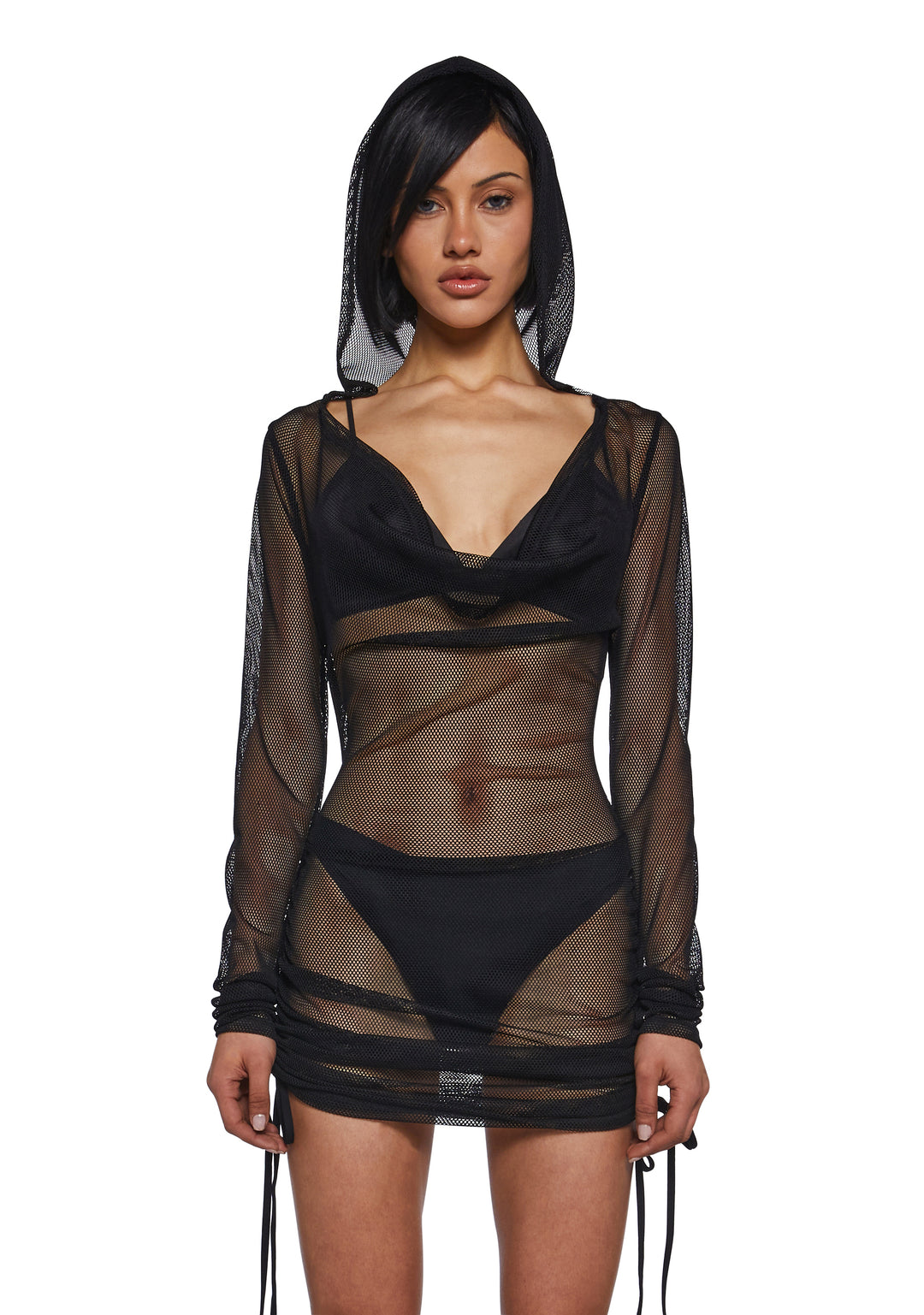 Womens Sheer Fishnet Mini Dress With Ruching Ambient Darker Wavs - Black
