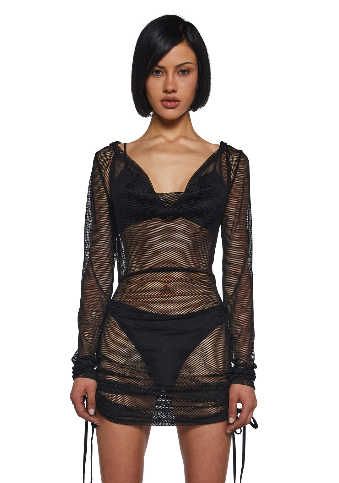 Womens Sheer Fishnet Mini Dress With Ruching Ambient Darker Wavs - Black - Image 6