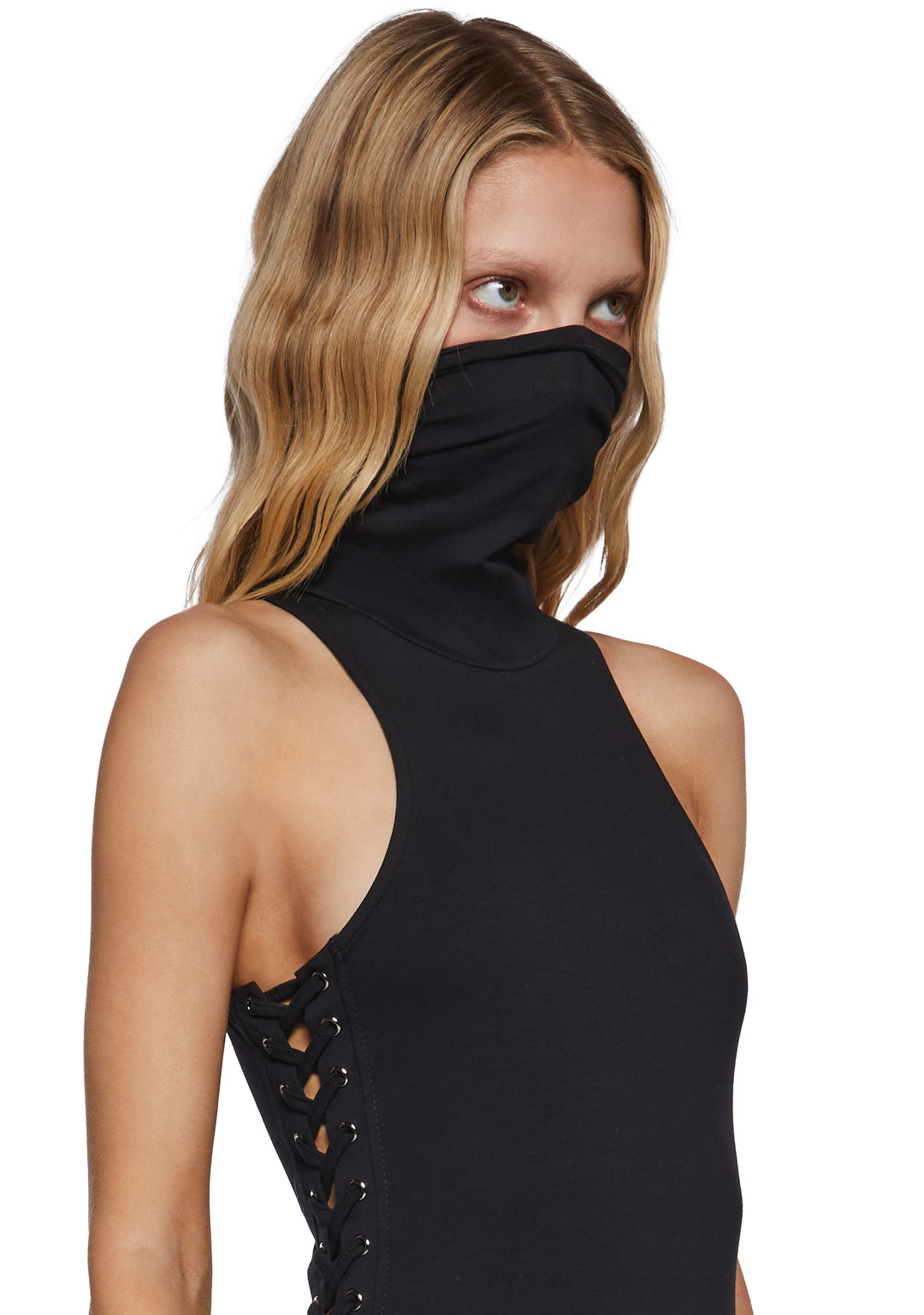 Asymmetrical Midi Dress With Lace-Ups And Cowl Neckline Ambient Darker Wavs - Black - Image 2