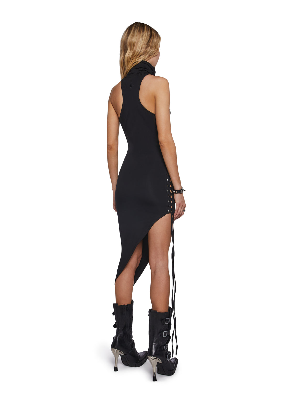 Asymmetrical Midi Dress With Lace-Ups And Cowl Neckline Ambient Darker Wavs - Black - Image 4